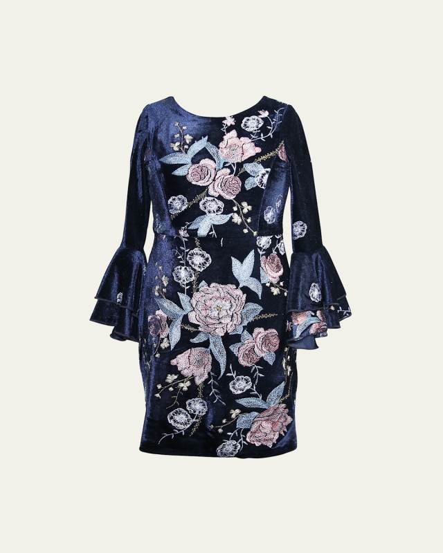 Girl's Bell-Sleeve Floral-Embroidered Velvet Dress, Size 6-14